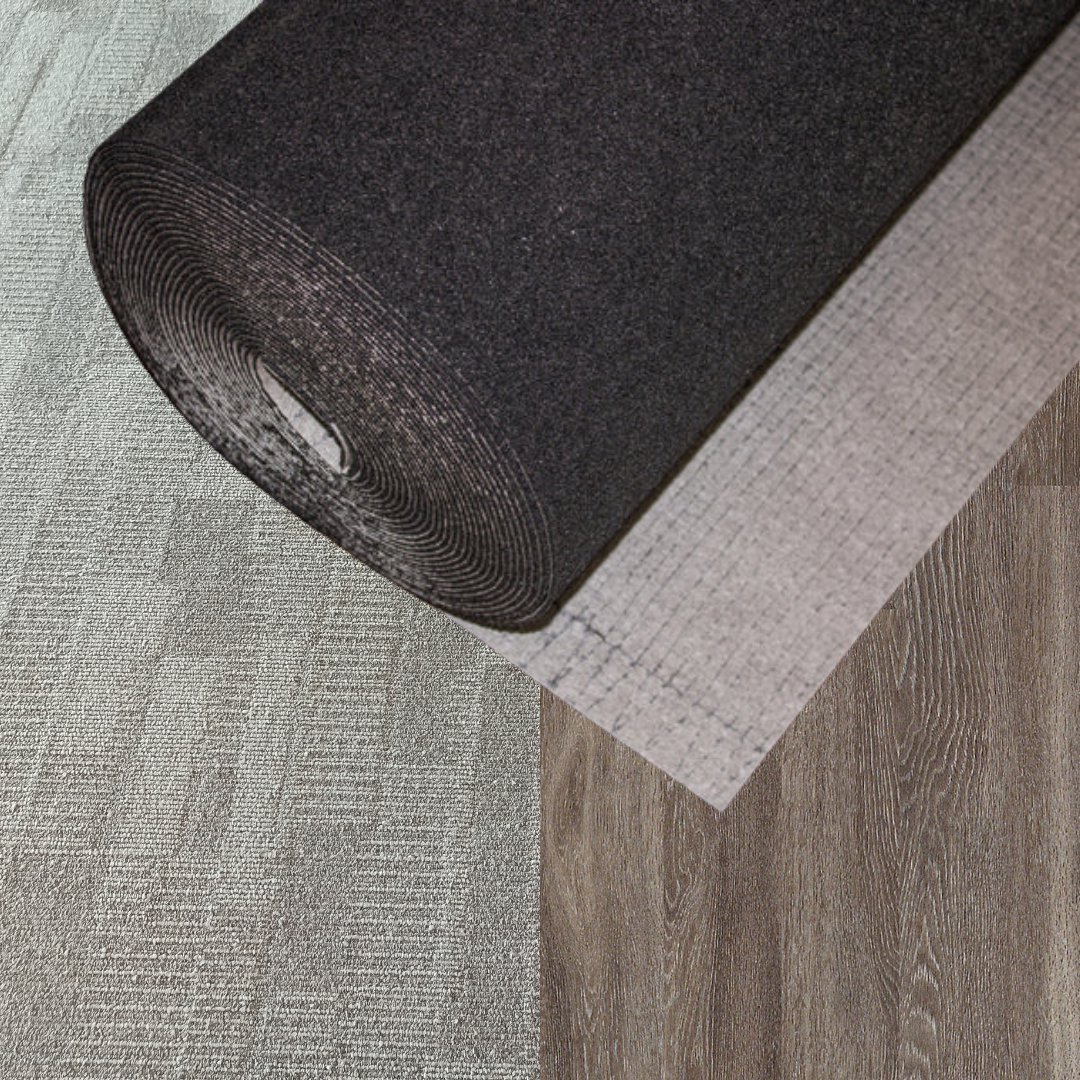 Dura Undercushions DuraPad™ 2 mm is unrolled over patterned carpet and wood-look flooring, making it ideal for enhancing soundproofing beneath luxury vinyl tile.