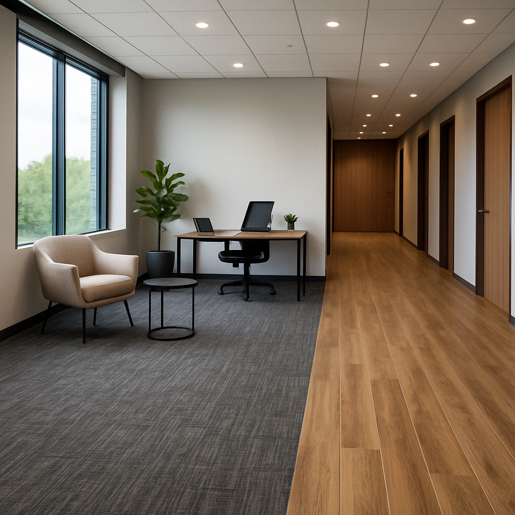 A modern office hallway showcases Dura Undercushions DuraPad™ 2 mm wooden floors, a workspace with a laptop and plant, plus a seating area with chairs and a small table by large windows.