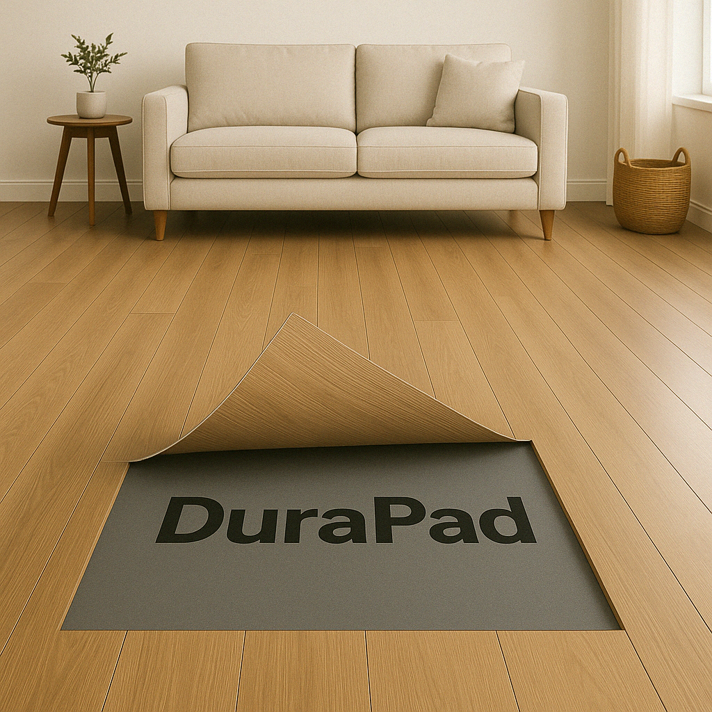 A beige sofa sits in a bright living room with wooden floors; one floor panel is lifted to reveal a 2mm underlayment, DuraPad™ 2 mm by Dura Undercushions.