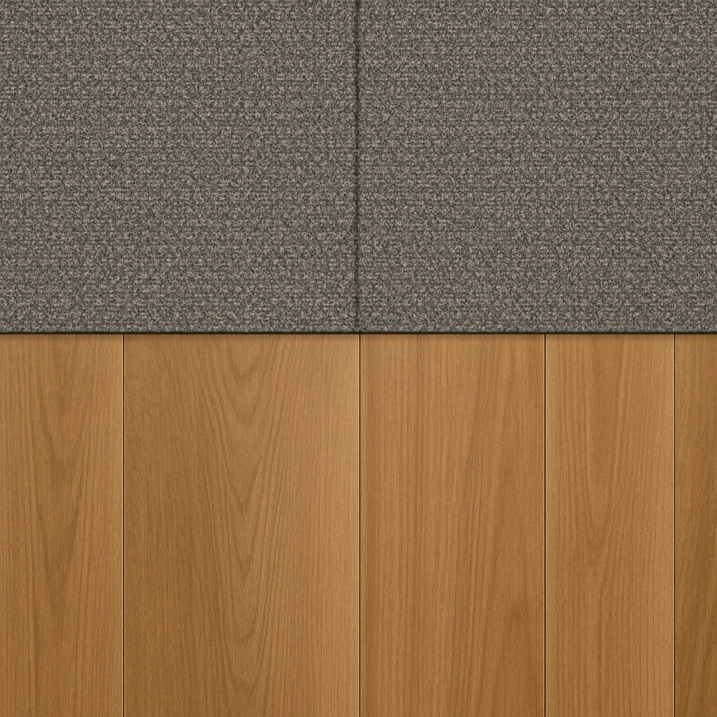 A wall with gray textured Dura Undercushions DuraPad™ 2 mm carpet on the upper half and vertical light brown wooden panels on the lower half.