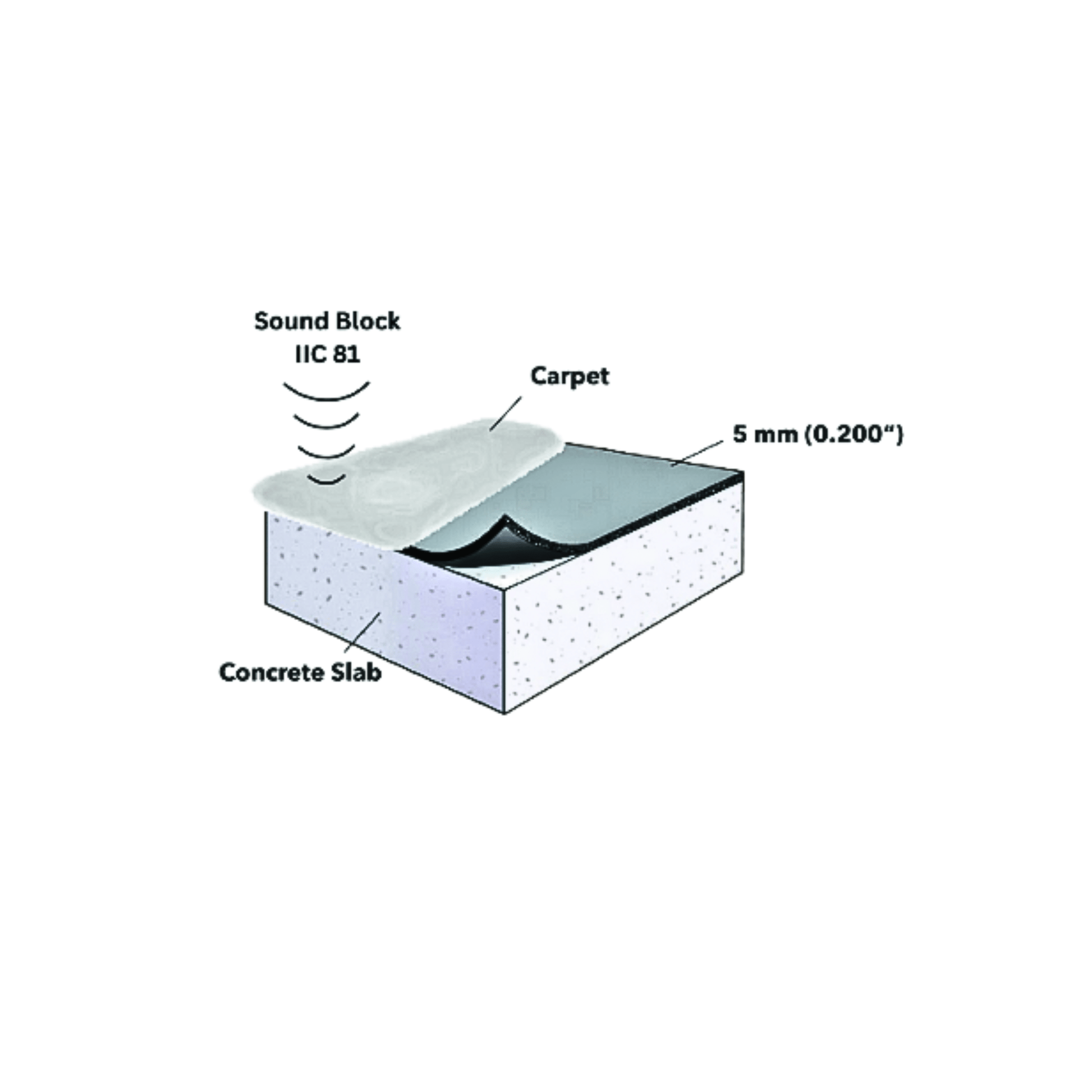 A cross-section diagram demonstrates a carpet overlay with underlay labeled "Protector™ 5 mm by Dura Undercushions" for impact sound reduction and a concrete slab beneath, illustrating a 5 mm (0.200") spacing between the carpet and the slab.